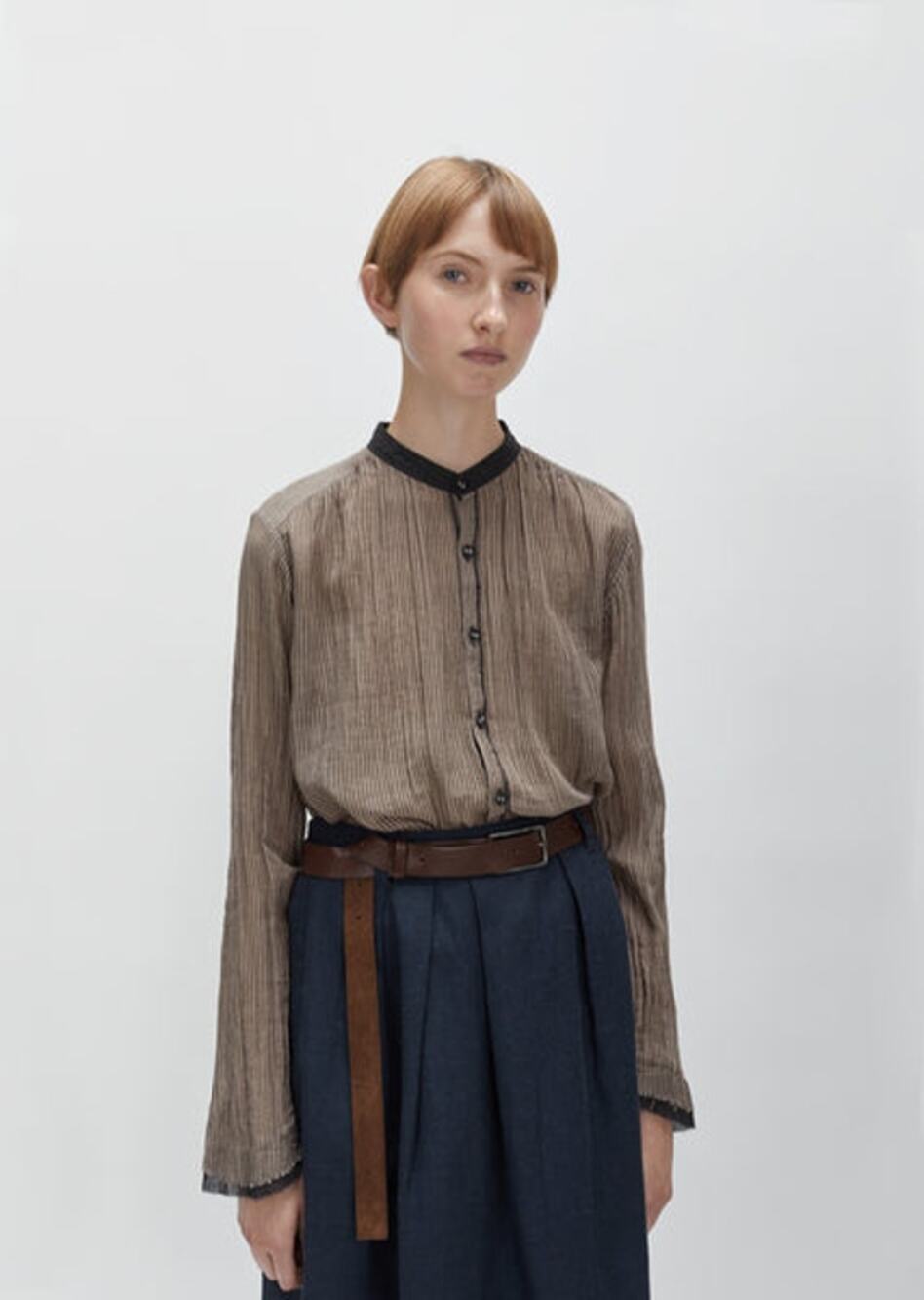Pas de Calais 36 Brown Stripe Mandarin Collar Blouse Cotton